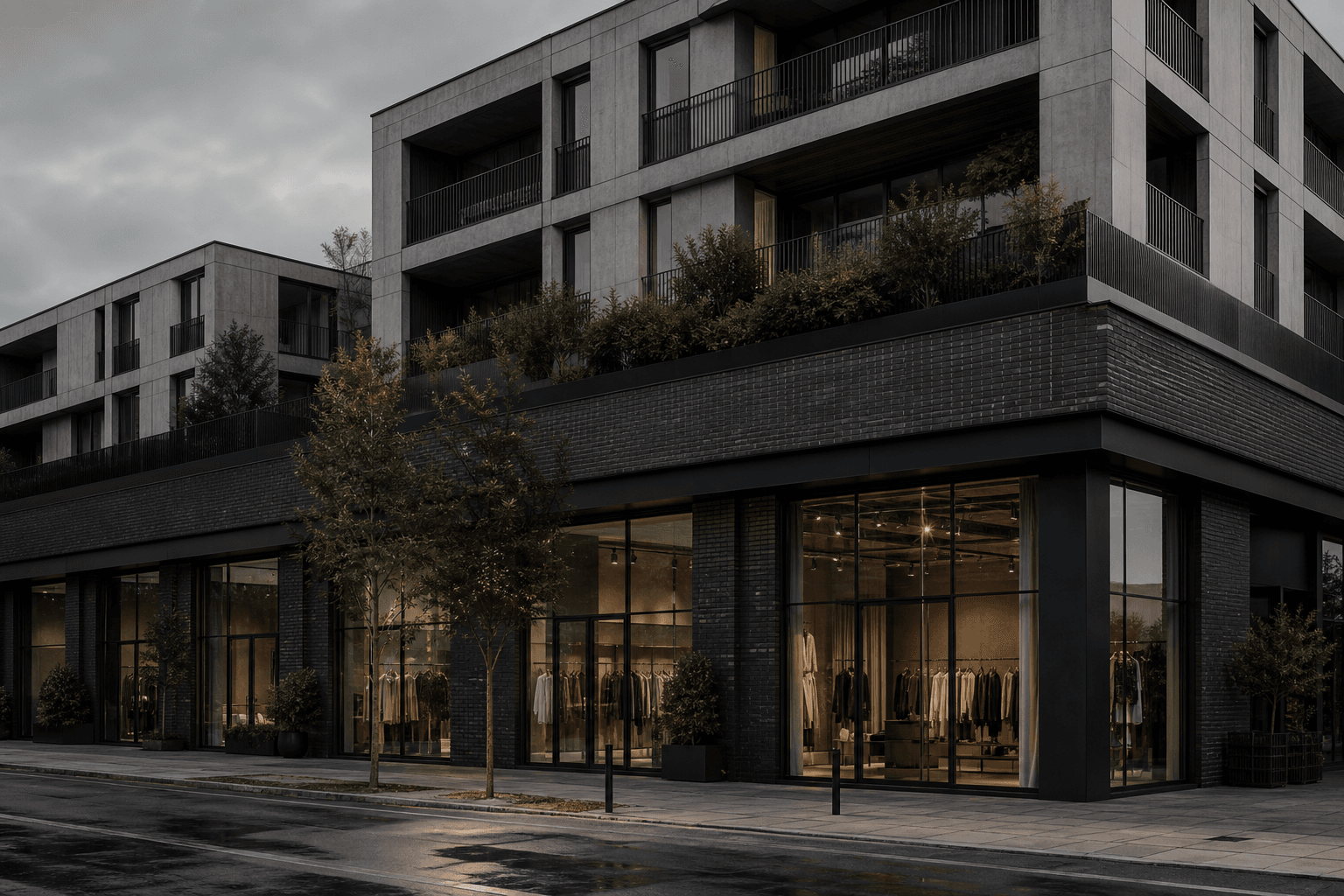 Residential development, mixed-use building facade